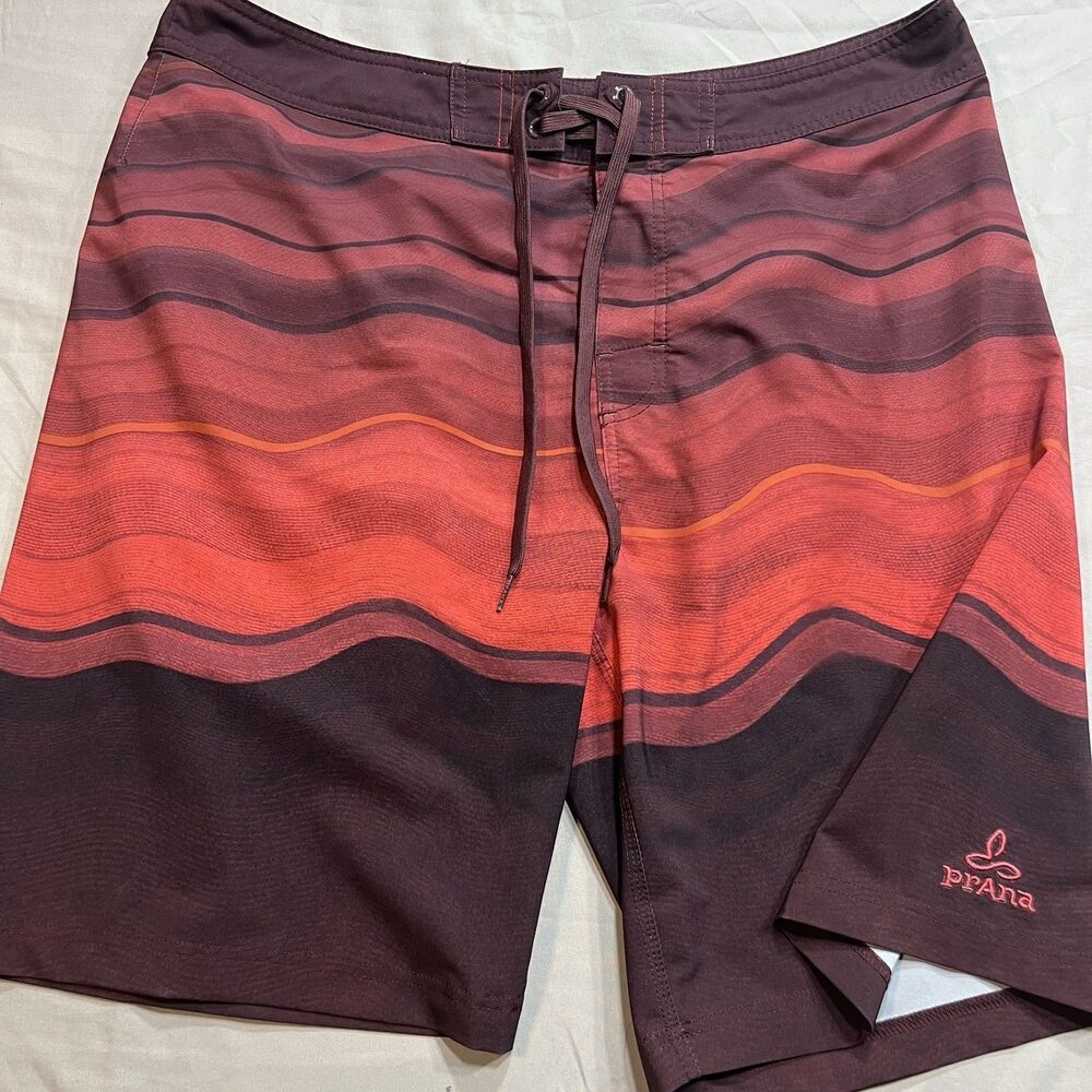 Prana Men’s Red Wavy Stripe Board Shorts, Size 36, 10" Inseam, UPF 30+